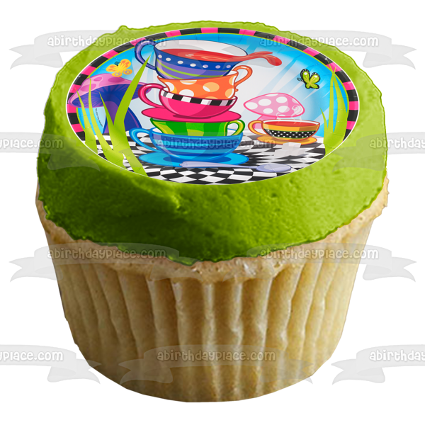 Cartoon Stacked Teacups Butterflies Mushrooms Edible Cake Topper Image ABPID21727