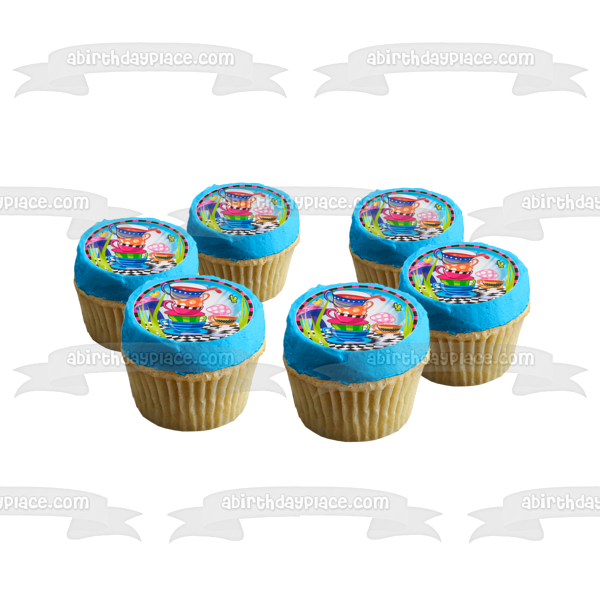 Cartoon Stacked Teacups Butterflies Mushrooms Edible Cake Topper Image ABPID21727