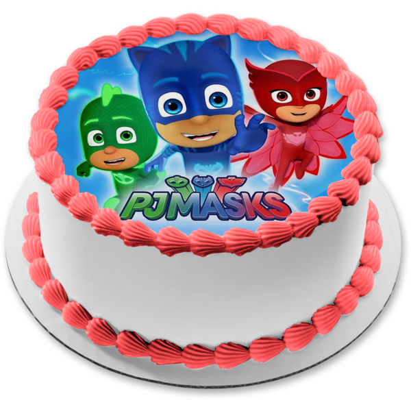 Pj Masks Cat Boy Gekko Owlette Fondo azul Adorno comestible para tarta Imagen ABPID21769 