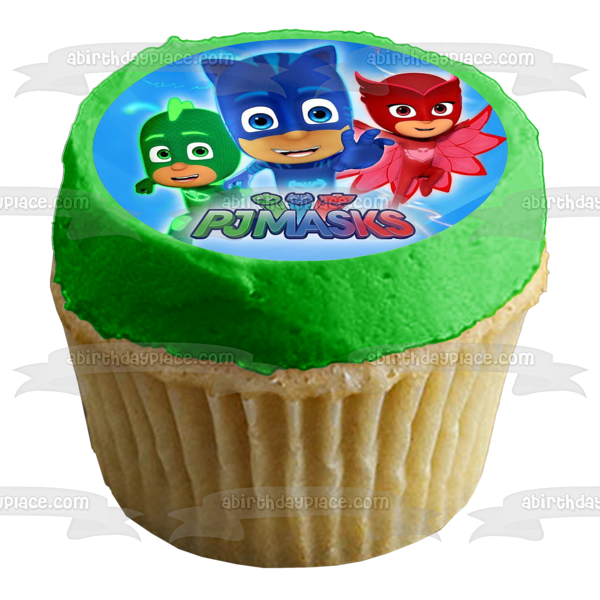 Pj Masks Cat Boy Gekko Owlette Fondo azul Adorno comestible para tarta Imagen ABPID21769 