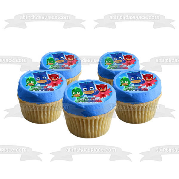 Pj Masks Cat Boy Gekko Owlette Fondo azul Adorno comestible para tarta Imagen ABPID21769 