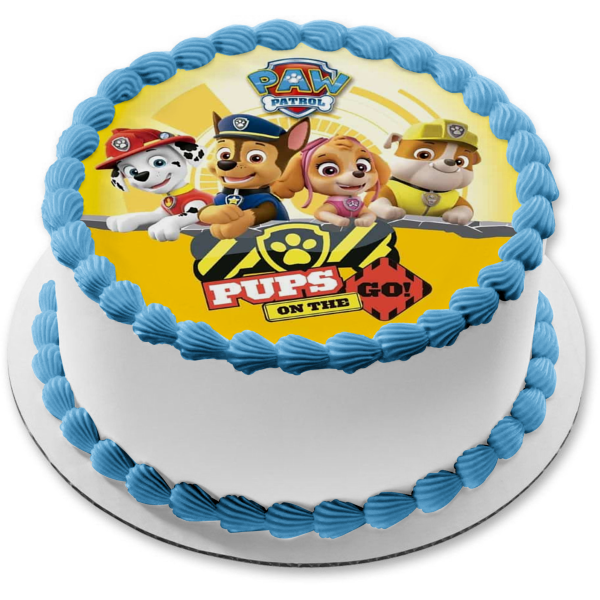 Paw Patrol Pups on the Go Marshall Skye Rocky Chase Yellow Background  Edible Cake Topper Image ABPID21793