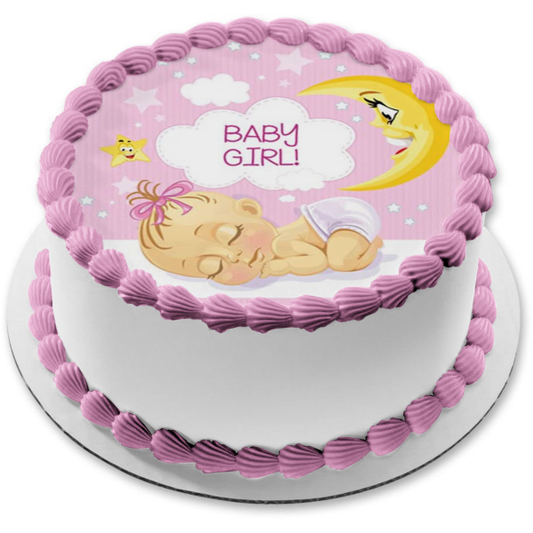 Baby Girl Sleeping Cartoon Baby Moon Stars Edible Cake Topper Image ABPID22011