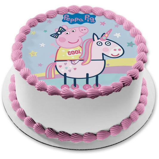 Peppa Pig montando unicornio estrellas arcoíris adorno comestible para tarta imagen ABPID21809 