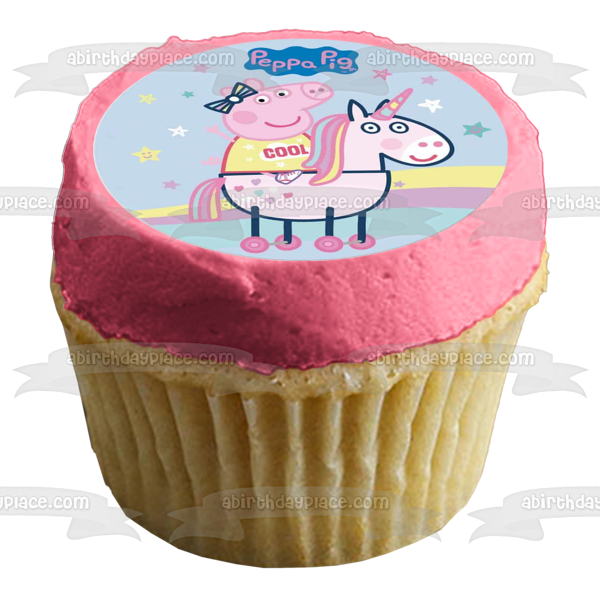 Peppa Pig montando unicornio estrellas arcoíris adorno comestible para tarta imagen ABPID21809 