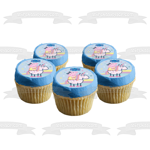 Peppa Pig montando unicornio estrellas arcoíris adorno comestible para tarta imagen ABPID21809 