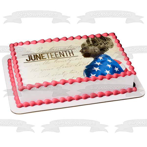 Imagen de adorno comestible para tarta del Día de la Libertad del 16 de junio Mujer afroamericana con una bandera estadounidense ABPID54111 