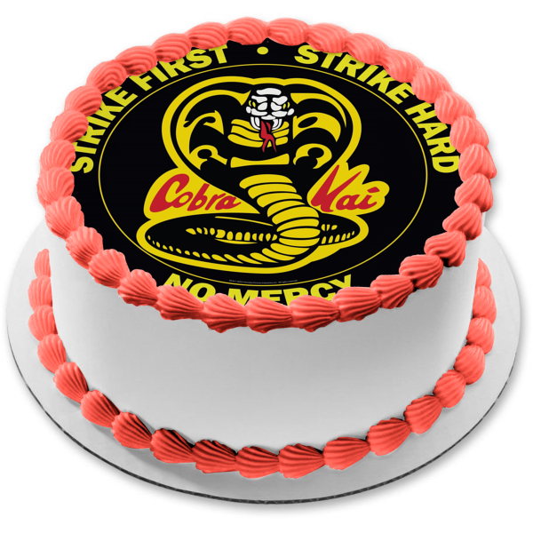 Cobra Kai Snake "Strike First Strike Hard No Mercy" Imagen comestible para decoración de tarta ABPID54073 