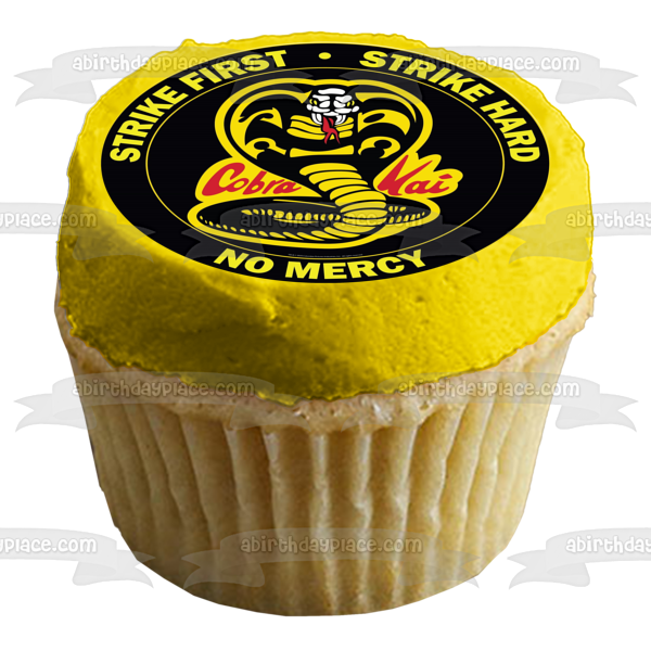 Cobra Kai Snake "Strike First Strike Hard No Mercy" Imagen comestible para decoración de tarta ABPID54073 