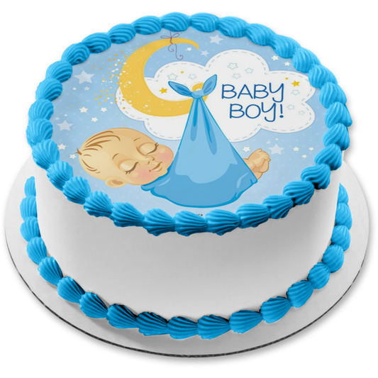 Baby Shower Baby Boy In Blanket Moon Stars Cloud Edible Cake Topper Image ABPID21819