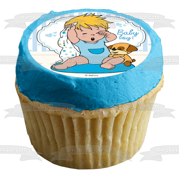 Baby Boy Cartoon Toy Puppy Blue Hearts Edible Cake Topper Image ABPID22104