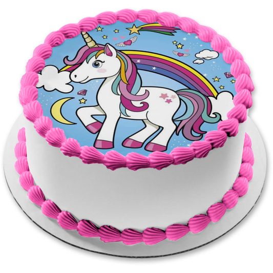 Unicornio, arcoíris, nubes, luna, estrellas azules, fondo, decoración comestible para tarta, imagen ABPID21909 