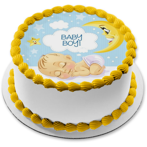 Bebé Niño Durmiendo Luna Estrellas Fondo Azul Baby Shower Adorno Comestible Para Pastel Imagen ABPID21925 