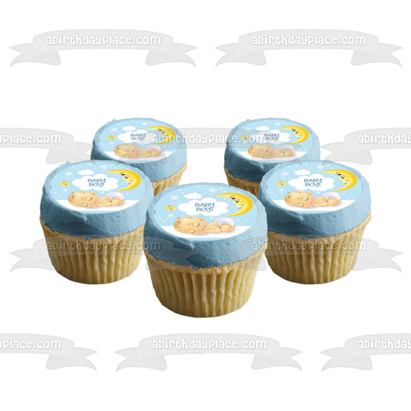 Bebé Niño Durmiendo Luna Estrellas Fondo Azul Baby Shower Adorno Comestible Para Pastel Imagen ABPID21925 