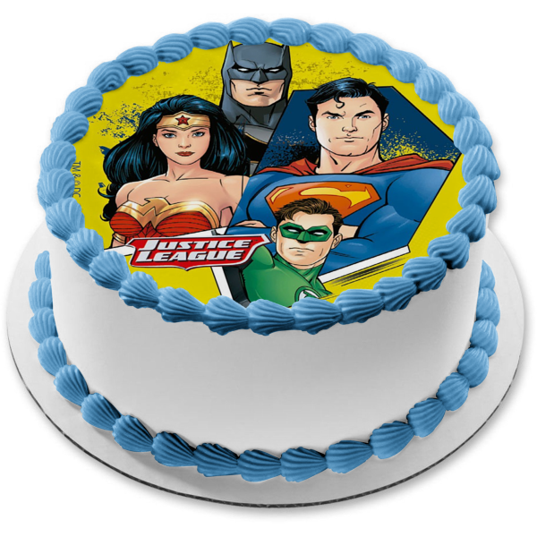 Liga de la Justicia Superman Linterna Verde Mujer Maravilla Batman Fondo Amarillo Imagen comestible para tarta ABPID21930 