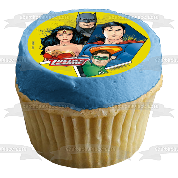 Liga de la Justicia Superman Linterna Verde Mujer Maravilla Batman Fondo Amarillo Imagen comestible para tarta ABPID21930 