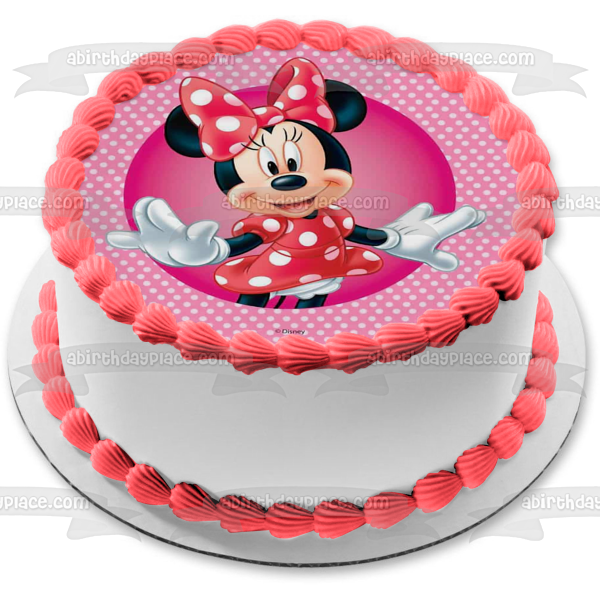 Adorno comestible para tarta con fondo de lunares blancos y rosas de Minnie Mouse de Disney, imagen ABPID21931 