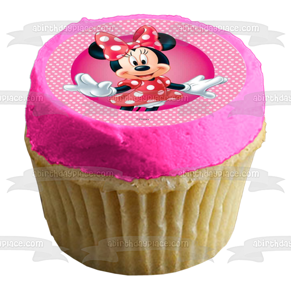 Adorno comestible para tarta con fondo de lunares blancos y rosas de Minnie Mouse de Disney, imagen ABPID21931 