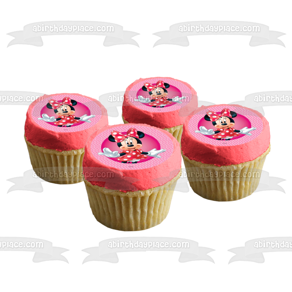 Adorno comestible para tarta con fondo de lunares blancos y rosas de Minnie Mouse de Disney, imagen ABPID21931 