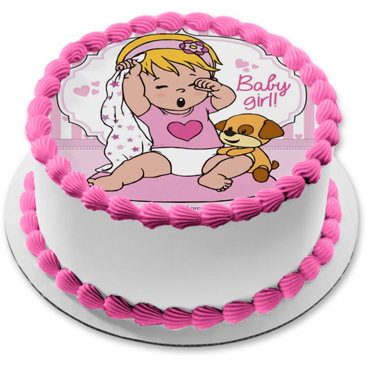 Baby Girl Baby Shower Stars Blanket Stuffed Puppy Edible Cake Topper Image ABPID21954