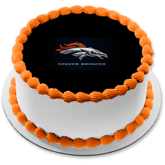 Logotipo de los Denver Broncos, apariencia de acero de la NFL, fondo negro, decoración comestible para tarta, imagen ABPID27666 