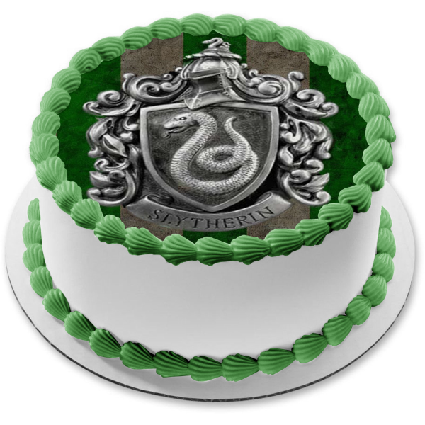 Harry Potter Slytherin Escudo plateado Fondo de rayas verdes Imagen comestible para decoración de tarta ABPID27814 