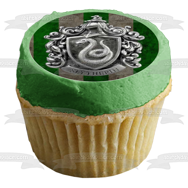 Harry Potter Slytherin Escudo plateado Fondo de rayas verdes Imagen comestible para decoración de tarta ABPID27814 