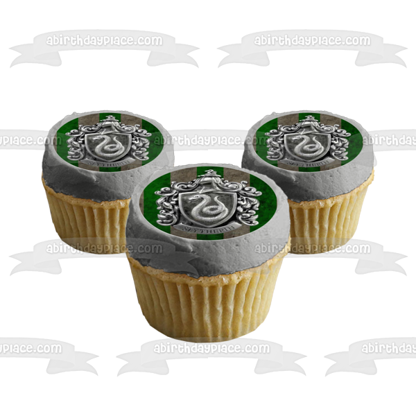 Harry Potter Slytherin Escudo plateado Fondo de rayas verdes Imagen comestible para decoración de tarta ABPID27814 