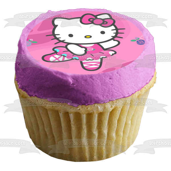 Hello Kitty White Ballerina Outfit Flowers Pink Background Edible Cake Topper Image ABPID27834