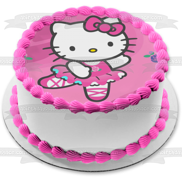 Hello Kitty White Ballerina Outfit Flowers Pink Background Edible Cake Topper Image ABPID27834