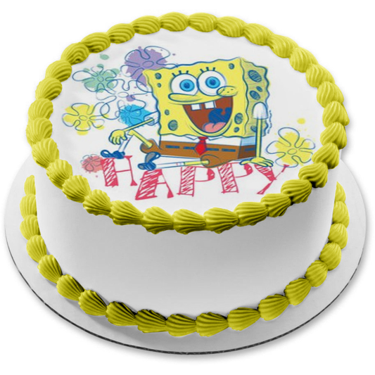 Adorno comestible para tarta con flores de Bob Esponja, imagen ABPID28040 