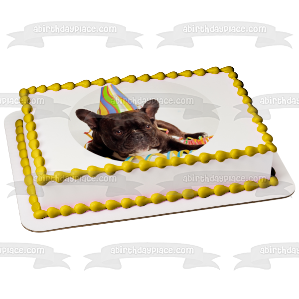 Round French Bulldog Happy Birthday Edible Cake Topper Image ABPID50247