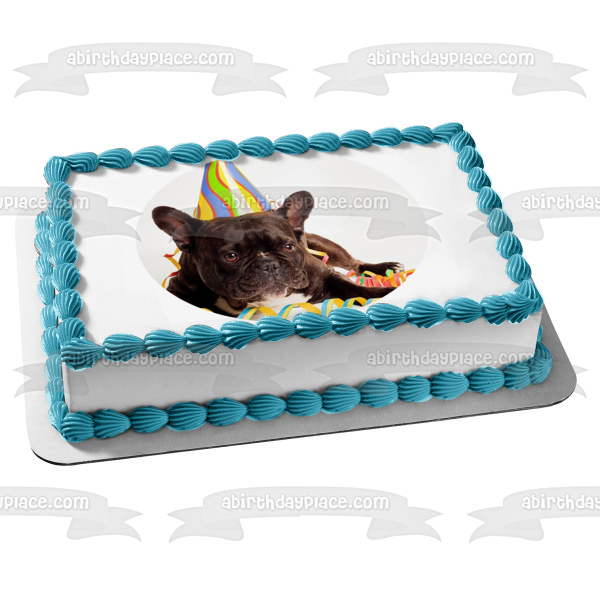 Round French Bulldog Happy Birthday Edible Cake Topper Image ABPID50247