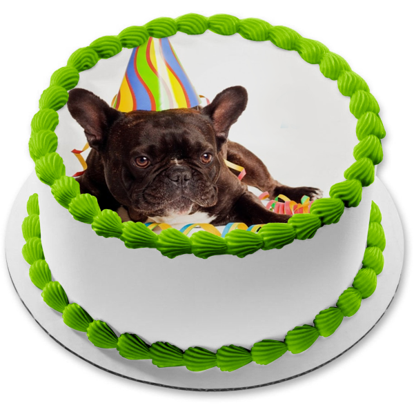 Round French Bulldog Happy Birthday Edible Cake Topper Image ABPID50247