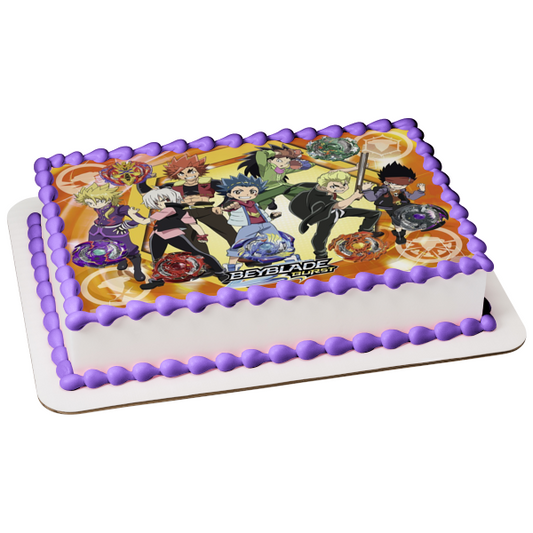 Beyblade Burst Battle Vault Aoi Wakiya Murasaki Shu Kurenai Rantaro Kiyama Daigo Kurogami Imagen comestible para tarta ABPID50401 