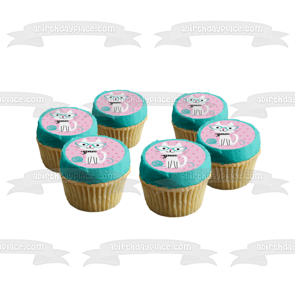 Cute Purrfect Cat Pink and Teal Polka Dots Kitty Happy Birthday Edible Cake Topper Image ABPID50264