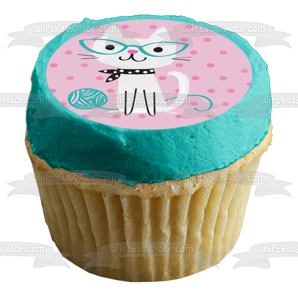 Cute Purrfect Cat Pink and Teal Polka Dots Kitty Happy Birthday Edible Cake Topper Image ABPID50264