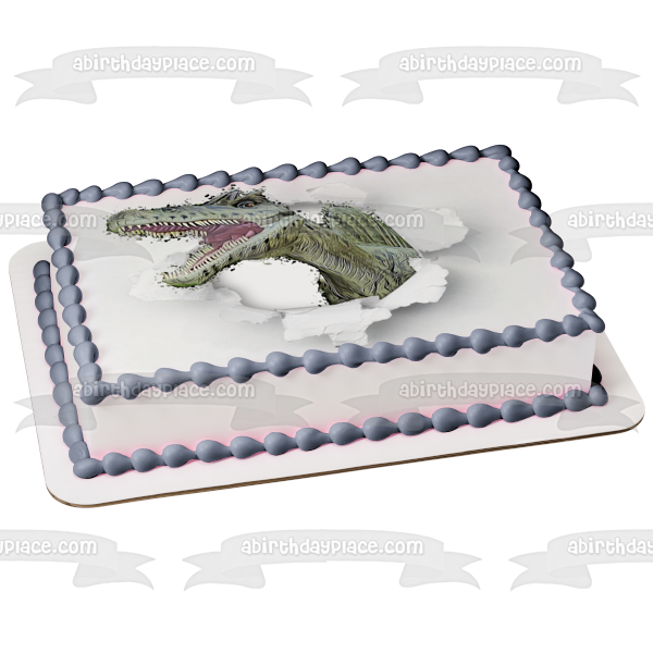 Imagen de adorno comestible para tarta de dinosaurio de dibujos animados rasgando la pared blanca ABPID50270 