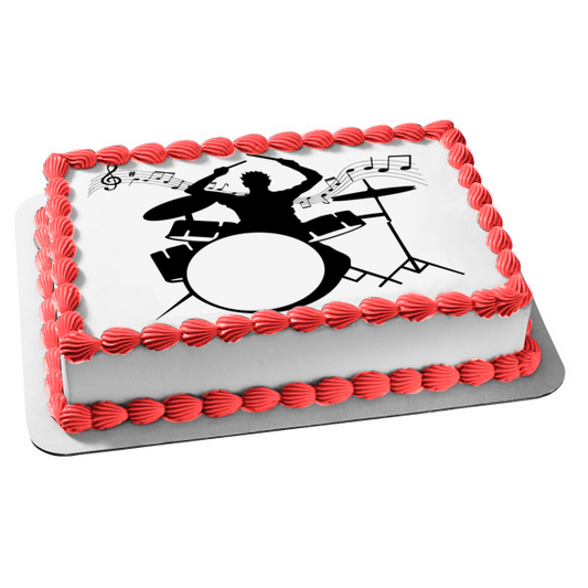 Drummer Silhouette Music Notes Drums Edible Cake Topper Image ABPID50273