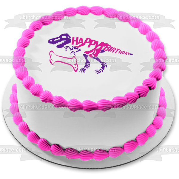 Esqueleto de dinosaurio rosa y morado, hueso rosa, decoración comestible para tarta de feliz cumpleaños, imagen ABPID50287 