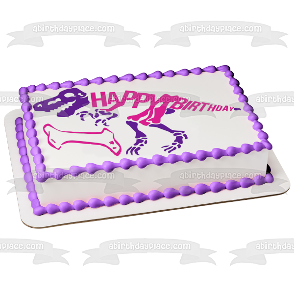 Esqueleto de dinosaurio rosa y morado, hueso rosa, decoración comestible para tarta de feliz cumpleaños, imagen ABPID50287 