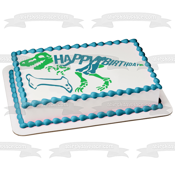 Green and Blue Dinosaur Skeleton Happy Birthday Blue Bone Edible Cake Topper Image ABPID50289