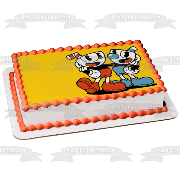 Imagen comestible para decoración de tarta con fondo amarillo de Cuphead y Mugman ABPID50305 