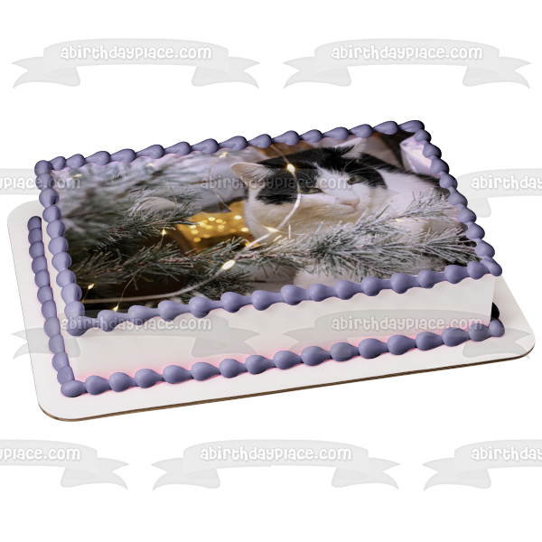 Adorno comestible para tarta con diseño de gato y árbol de Navidad en blanco y negro ABPID50462 