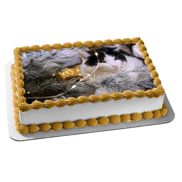 Adorno comestible para tarta con diseño de gato y árbol de Navidad en blanco y negro ABPID50462 