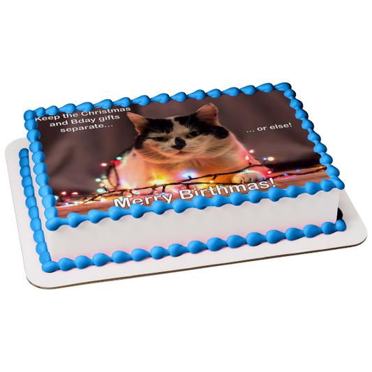 Adorno comestible para tarta con luces navideñas, gato, feliz nacimiento, imagen ABPID50467 