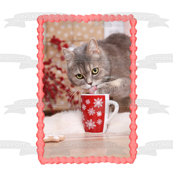 Holiday Cat with Mug Edible Cake Topper Image ABPID50468