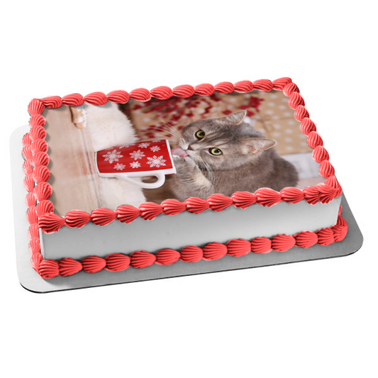 Imagen de adorno comestible para pastel de gato navideño con taza ABPID50468 