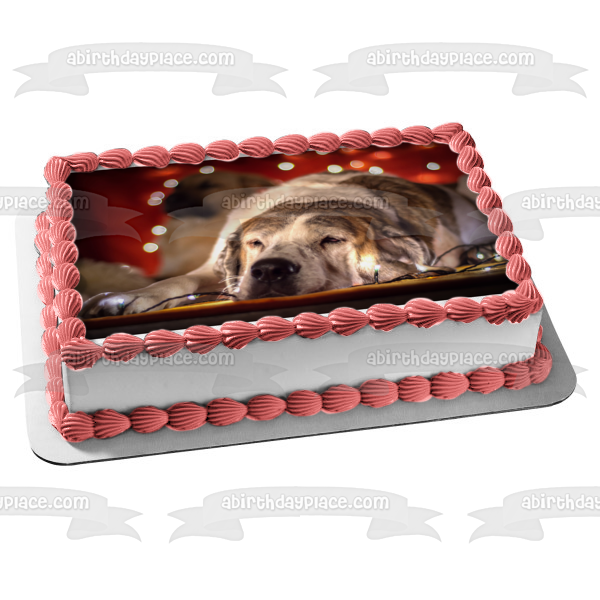 Imagen comestible para tarta con diseño de perro con luces navideñas soñolientas ABPID50469 