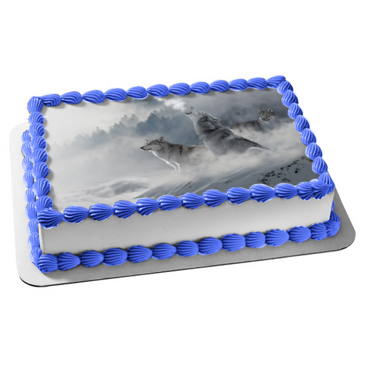 Adorno comestible para tarta con lobos en las montañas nevadas, imagen ABPID50483 